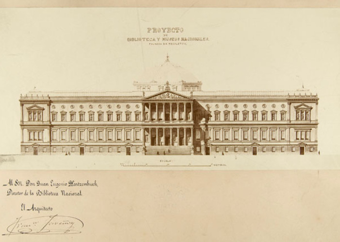 Alzado al paseo de Recoletos del proyecto de Francisco Jareño para el Palacio de Biblioteca y Museos Nacionales aprobado en 1865.Madrid, BNE. 17/186/23.