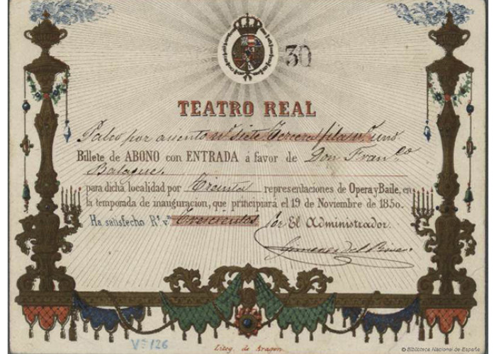 Billete de abono con entrada para el Teatro Real, 1850. INVENT/15766, BNE Billete de abono con entrada para el Teatro Real, 1850. INVENT/15766, BNE