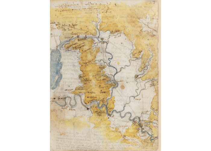 Leonardo da Vinci, Mapa con el curso del río Arno. BNE, Codex Madrid II (Mss. 8936), ff. 22v-23r.
