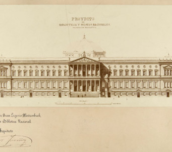 Alzado al paseo de Recoletos del proyecto de Francisco Jareño para el Palacio de Biblioteca y Museos Nacionales aprobado en 1865.Madrid, BNE. 17/186/23.
