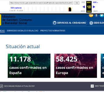 Imagen: captura de pantalla de la página del Ministerio de Sanidad, Consumo y Bienestar Social el 18 de marzo de 2020 Imagen: captura de pantalla de la página del Ministerio de Sanidad, Consumo y Bienestar Social el 18 de marzo de 2020