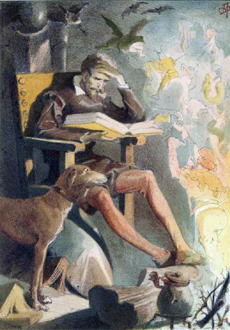 Don Quijote leyendo libros de caballería en su estudio