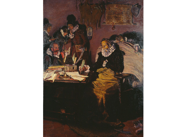 Muñoz Degraín, Cervantes escribiendo la dedicatoria de su obra al Conde de Lemos, 1916. BNE: Sala Cervantes