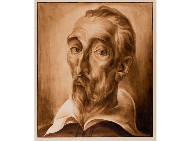 Retrato de Don Quijote, Martí-Ramón Durbán Bielsa. Forma parte del Quijote copiado por Pío Cabañas y continuado por Juan Sedó Peris-Mencheta. BNE: Cerv.Sedó/8850, h.65r