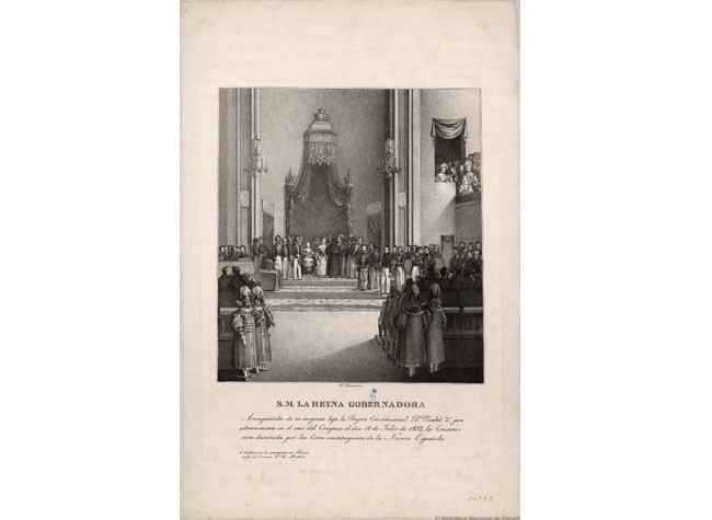 S.M. la reyna gobernadora acompañada de su hija jura en el congreso la Constitución el 18 de julio de 1837 (Invent/14933)