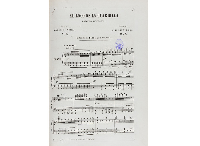 El loco de la guardilla. Zarzuela  en un acto: letra Narciso Serra, música de Manuel Fernández Caballero, reducción de piano por P. Hernández [S.L. s.n.] 1867, Madrid. Calcografía de B. Eslava. BNE: M/1585