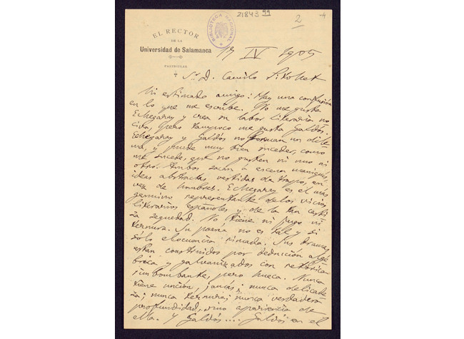 Carta de Miguel de Unamuno a Camille Pitollet del 7 de abril de 1905, hablando de su obra quijotesca. BNE: MSS/21843/99. Hojas 4v-5r