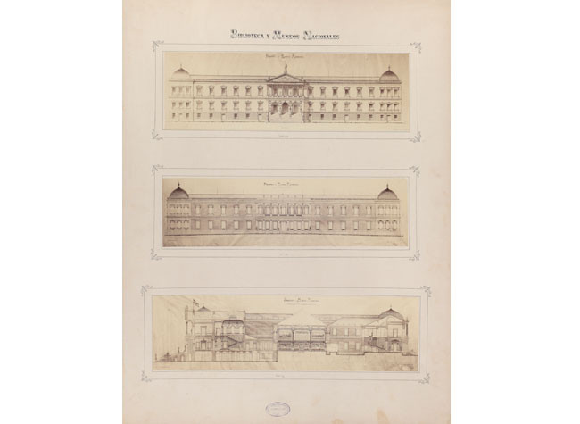 Alzados a Recoletos y Serrano y sección por sus accesos respectivos, según el proyecto firmado por Antonio Ruiz de Salces el 1º de mayo de 1885.Madrid, BNE. 17/186/8/1-3.