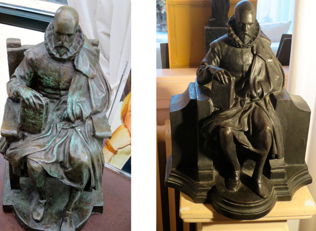 Boceto de estatua de Cervantes (con silla diferente): en bronce: 40 x 22 cm. Y boceto estatua Cervantes (con silla final): en bronce: 45 x 38 cm. Familia de Federico Coullaut Valera. La Granja de San Ildefonso.