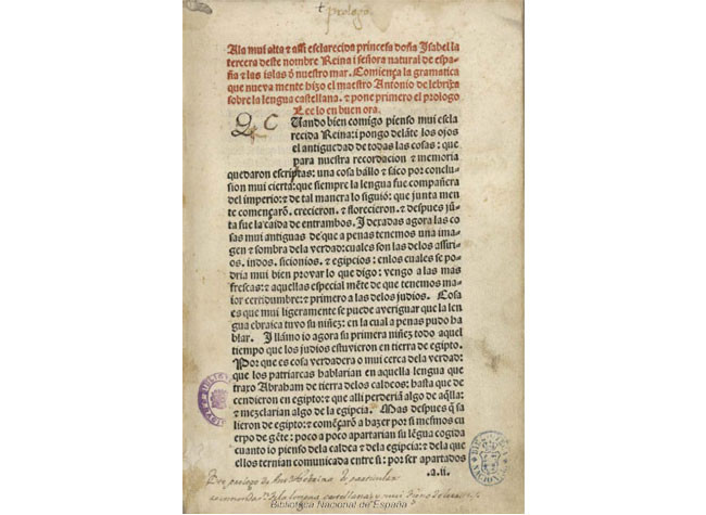 Gramática castellana de Antonio de Nebrija. Salamanca: Juan de Porras, 1492. BNE, INC/2142