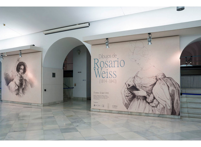 Imagen del montaje de la exposición de dibujos de Rosario Weiss