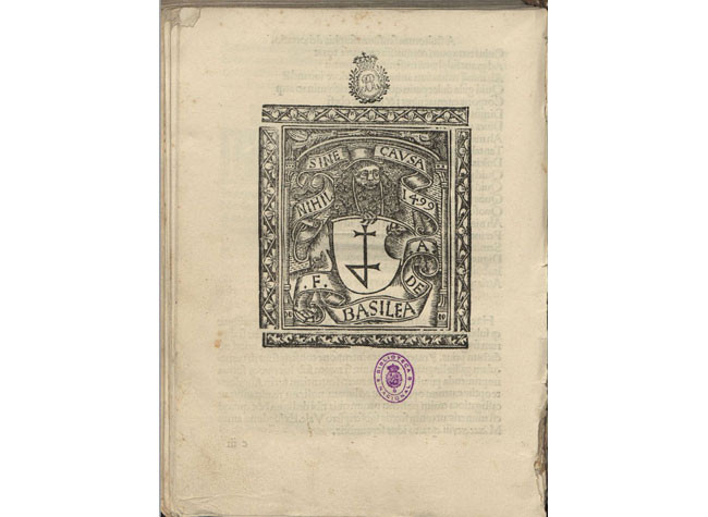 Marca del impresor Fadrique de Basilea en Stultiferae naves. Burgos: Fadrique de Basilea, ca. 1500. BNE, INC/843(2)