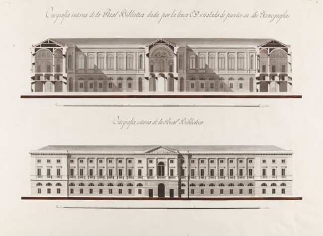 Sección transversal y alzado principal del proyecto de Aníbal Álvarez Bouquel para una Magnífica Biblioteca en la manzana 405 de Madrid.Madrid, ASF. A-778