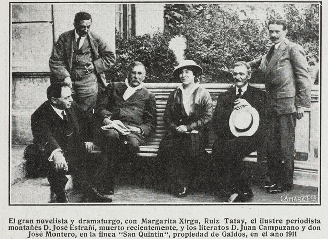 Galdós, con Margarita Xirgu, Leovigildo Ruiz Tatay, José Estrañi, Juan Campuzano y José Montero, en San Quintín, 1911. Mundo Gráfico, 7-01-1920