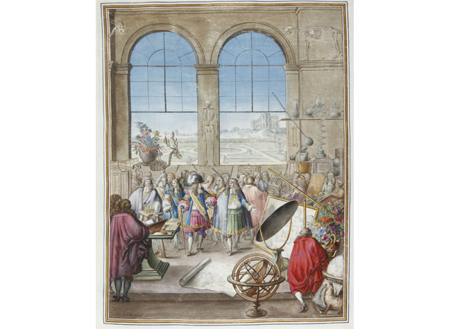 Luis XIV visitando la Academia de Ciencias de Francia en 1671, en el Álbum de plantas de Redouté. Museo Lázaro Galdiano