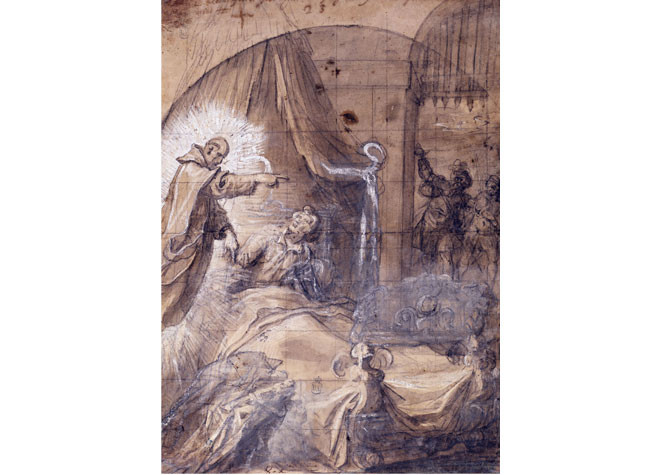 Aparición de S. Bruno a Rogerio Guiscardo, conde de Apulia y Calabria de Vicente Carducho (1626-1632). BNE, Dib/16/35/3