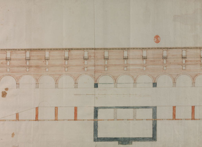 Anónimo español c. 1720. Alzado del pasadizo de la Encarnación hacia el huerto de la Priora.Madrid, BNE. Dib/14/18/2.