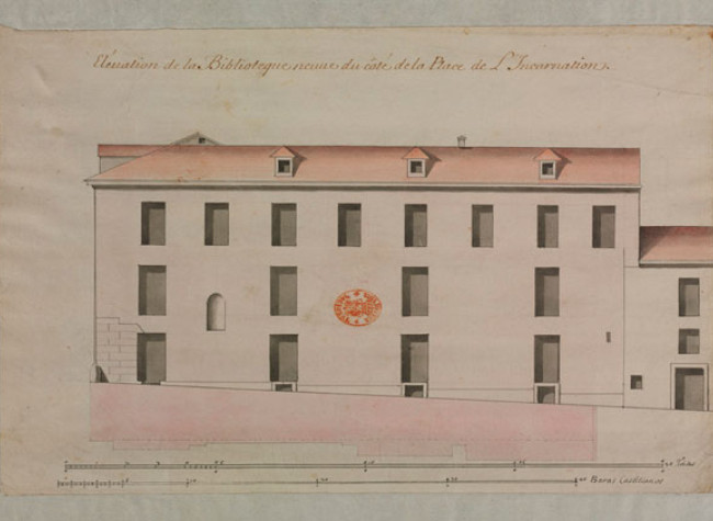 Anónimo francés. Alzado lateral de la Casa del Tesoro con el arranque del pasadizo de la Encarnación. Madrid, BNE. Dib/14/18/5