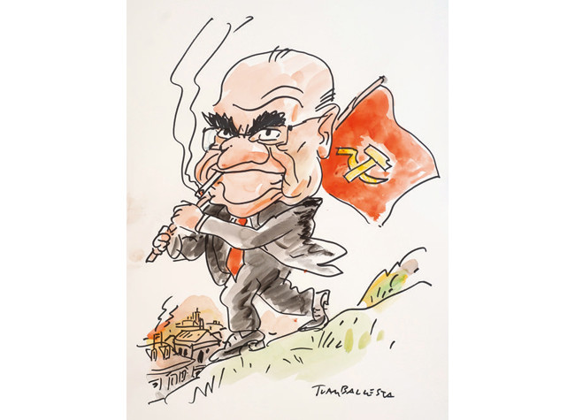 Carrillo: legalización del Partido Comunista / Ballesta.—Rotulador y acuarela sobre papel.—  Alto  43 x ancho 32,5 cm.—Publicado en el dominical de Diario 16 nº 133 de 08.04.21984
