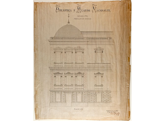 Alzado de pabellón de esquina del edificio de Biblioteca y Museos Nacionales, firmado por Antonio Ruiz de Salces en Madrid, a 10 de enero de 1885.Madrid,AMAN.C-3-a Carp37