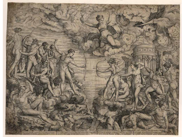 Combate entre la razón y las pasiones de  Nicolas Béatrizet (1545, estampa a buril, según composición de Baccio Bandinelli)