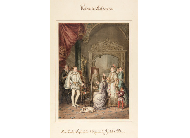 Valentín Carderera y Solano (1796-1880). Sofonisba Anguissola pintando el retrato del príncipe don Carlos ante Isabel de Valois. Hacia 1842. Acuarela y aguadas de color sobre papel, 325 × 235 mm, pegado sobre soporte secundario de 480 × 300 mm. Madrid, colección particular.