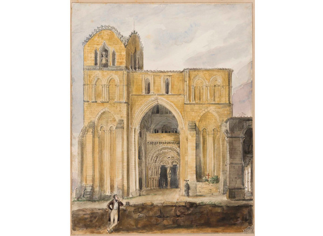 Valentín Carderera y Solano (1796-1880). Basílica de San Vicente, Ávila. 1840. Lápiz grafito y aguada de colores sobre papel, 319 × 253 mm. Madrid, Museo Lázaro Galdiano, inv. 9350.