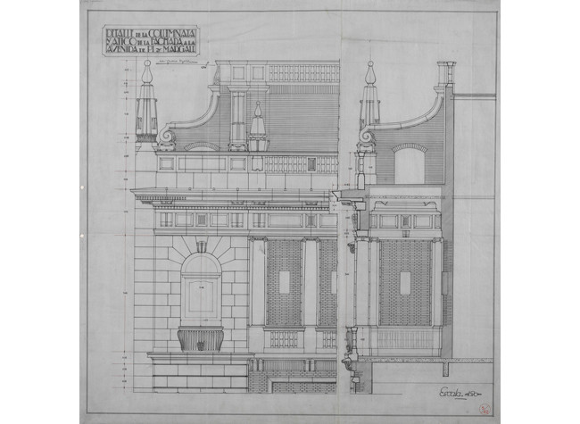 Secundino Zuazo Ugalde, Palacio de la Música Detalle de la columnata y ático de la fachada a la avenida de Pi y Margall, 1924. BNE DIBZ/022/0028