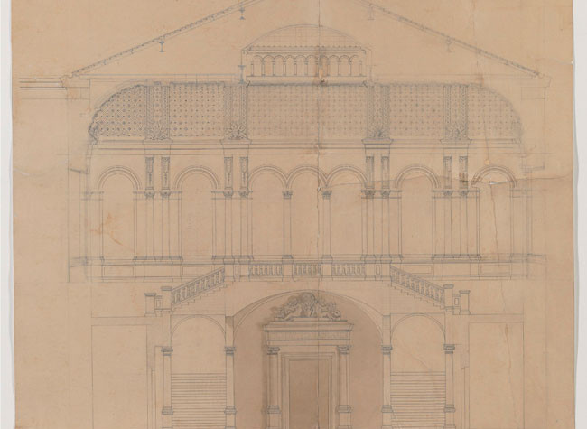 Sección transversal, mirando hacia poniente, del vestíbulo de acceso a la Biblioteca Nacional según el anteproyecto de Antonio Ruiz de Salces en enero de 1885.Madrid, BNE.Dib/18/1/9217.
