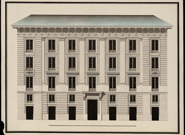 Fachada del primer proyecto para la casa de Juan Pariente en la plaza de Isabel II, Madrid (ca. 1837)