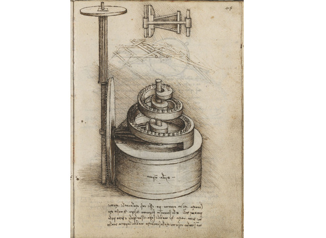 Mecanismos reguladores de la velocidad de rotación de un reloj en Codex Madrid I, Leonardo da Vinci, XV-XVI. MSS/8936, BNE