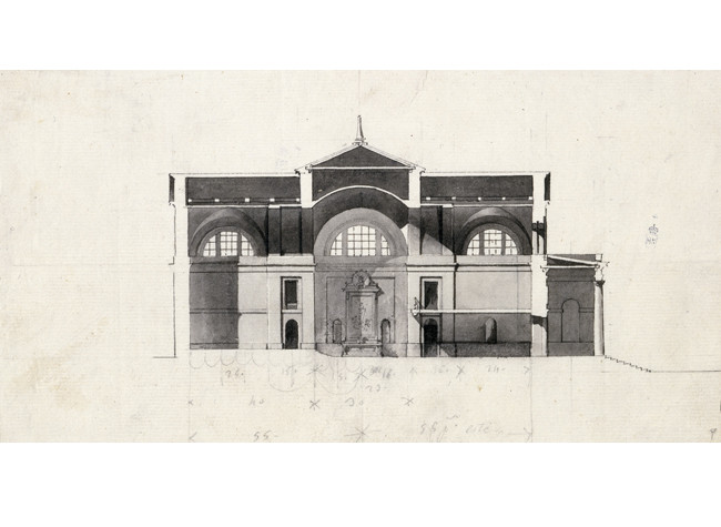 Convento de P.P. Agustinos para el paraje llamado Morcote en América Sección longitudinal (1798). Pérez, Silvestre 1767-1825.