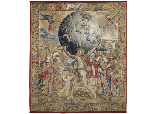 Hércules sostiene la esfera celeste. Manufactura bruselense, atribuido a Bernard van Orley, siglo XVI. Palacio Real de la Granja de San Ildefonso. Patrimonio Nacional