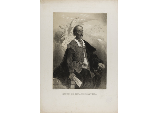 Retrato de Miguel de Cervantes, Nanteuil Célestin (1855). BNE IH/2067/51/2