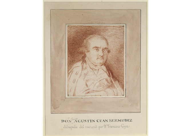 Francisco de Goya, Don Juan Agustín Ceán Bermúdez. 1798-1799. Sanguina sobre papel, 124 × 98 mm. Dibujo para grabar, seguramente pensado como frontispicio del Diccionario.