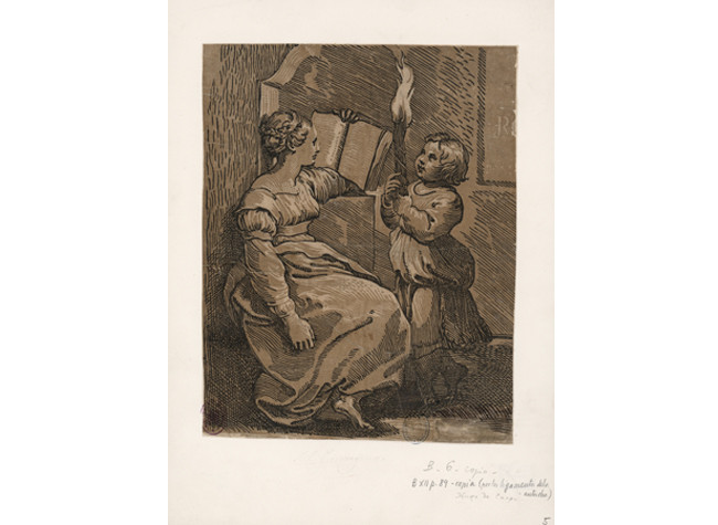Sibila leyendo,  Ugo da Carpi ca. 1480-1532?. Venecia? : s.n., después de 1516
