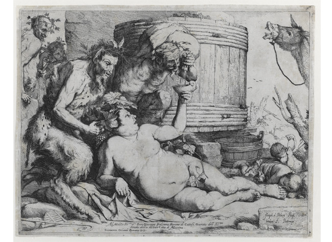 José de Ribera, Sileno borracho. 1628. Estampa: aguafuerte y buril, 275 × 352 mm. Perteneció a la colección de estampas de Ceán Bermúdez. BNE, INVENT/14400