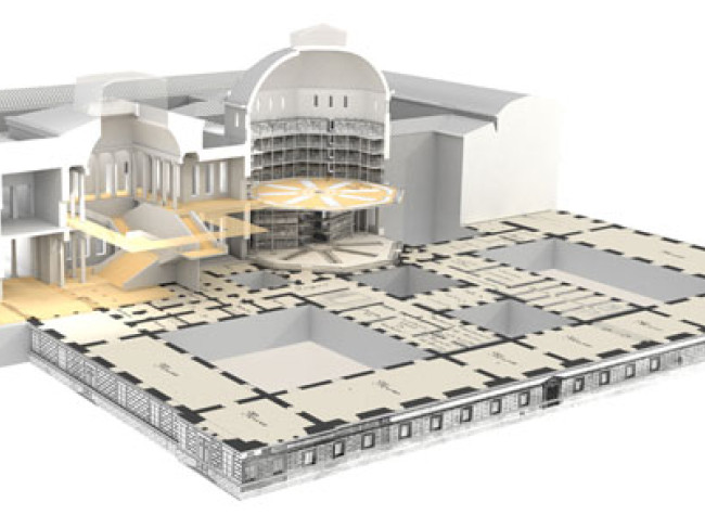 Vista seccionada de la hipótesis de reconstrucción de los espacios de acceso al edificio de la Biblioteca desde Recoletos con la escalera central propuesta por Jareño en sus planos de 1878 y del depósito central y el salón de lectura octogonal.