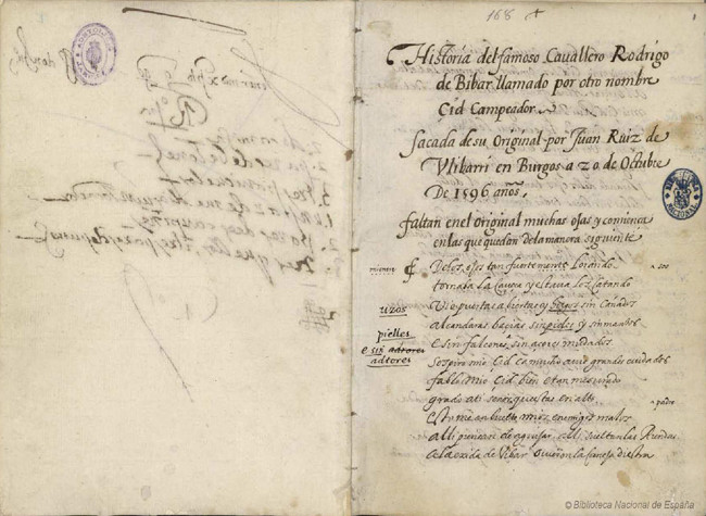 Historia del famoso cavallero Rodrigo de Bibar, llamado por otro nombre Cid Campeador (MSS/6328)