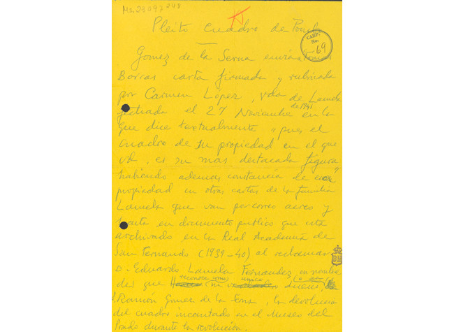 Ramón Gómez de la Serna, Pleito cuadro Pombo, Manuscrito, circa 1942
