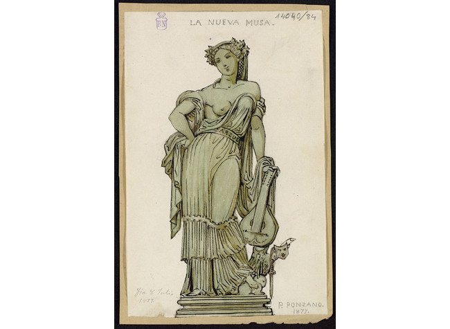 La nueva musa, boceto para una estatua de la Zarzuela. Dibujo en carta a Francisco Asenjo Barbieri (30-05-1877). BNE, Mss/14040