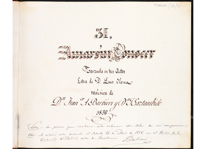 Amar sin conocer N.2 Cavatina, música de los maestros Gaztambide y Barbieri. BNE, M.Barbieri/112/1