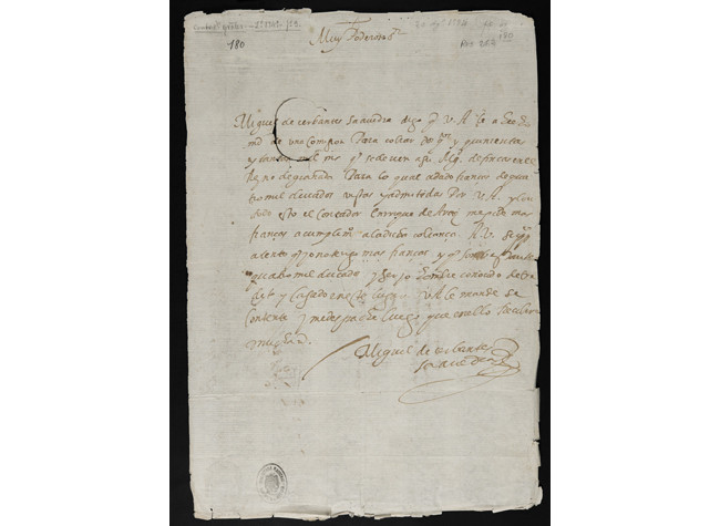 Carta de Miguel de Cervantes al contador Enrique de Aray, para que se despache la comisión y fianza que tiene dadas sobre unas fincas del Reino de Granada, Madrid, 20 de agosto de 1594 Manuscrito autógrafo. BNE RES/262/180/R