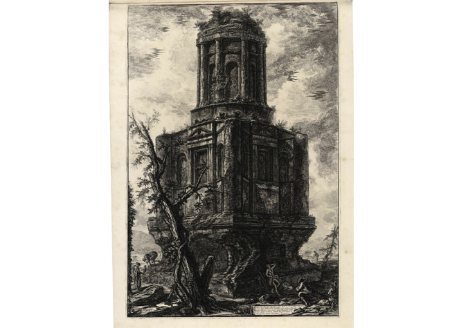 Giovanni Battista Piranesi, Avanci di un antico Sepolcro, occhi detto la Conocchia che si vede poco lungi dalla Porta di Capua per andar a Napoli. 1776. Estampa: aguafuerte, 715 × 475 mm. Perteneció a la colección de estampas de Ceán Bermúdez. BNE, INVENT/19189