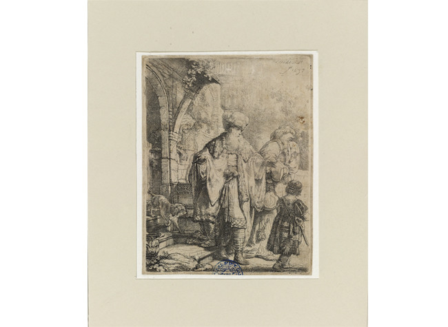 Rembrandt (Harmenszoon van Rijn), Abraham despidiendo a Agar e Ismael. 1637. Estampa: aguafuerte y punta seca, 126 × 97 mm. Perteneció a la colección de estampas de Ceán Bermúdez.  BNE, INVENT/29160