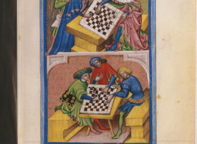 Tractatus de ludo scacorum. Inc.: Scacorum ludum ab Ulixe inuentum (h. 2v)... Exp.: potest piscium recompensari captura (h. 46v). [entre 1400 y 1499?]. Vitr/25/6. BNE