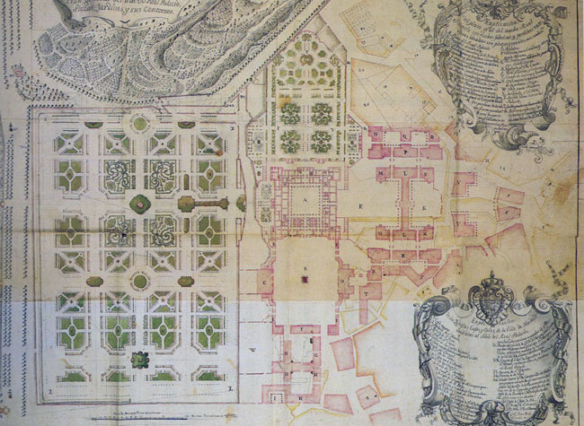 Dibujo de Giambattista Novello con la planta general del Real Palacio Nuevo y su entorno, según proyecto de Juan Bautista Saqueti en 1738. Venecia, BNM. It. IV. 267 (=5076).