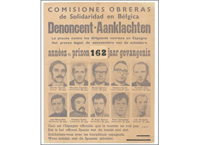 Comisiones Obreras de Solidaridad de Bélgica: Denoncent. Cartel en francés y flamenco denunciando las fuertes condenas del Proceso 1001. Bruselas, 1973. Archivo Histórico de CCOO de Andalucía. C21045.