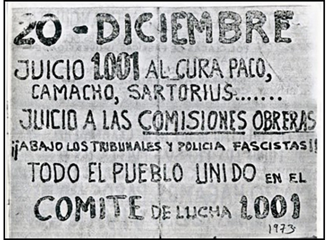 Comité de Lucha 1001: 20 de diciembre. Madrid, 1973. Pasquín anunciando el juicio oral del Sumario 1001/72 Fundación 1º de Mayo. DECO 8/14-1