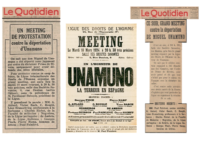 Anuncios en Le Quotidien, el 16 y 18 de marzo de 1924, y el cartel del mitin organizado por la Liga de los Derechos del Hombre en honor a Unamuno [CMU, Universidad de Salamanca]